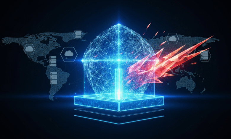 Abstract digital globe with network connections and a red crystal shard impact.