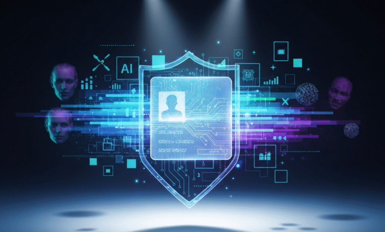 Digital shield with AI and profile icon, surrounded by data streams and faces.