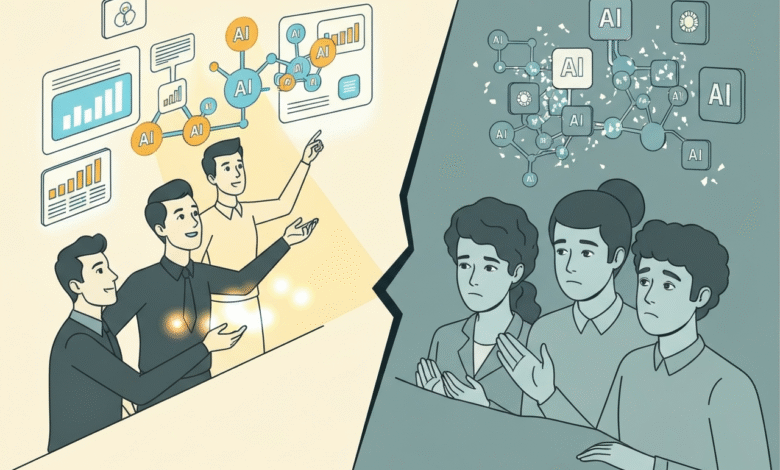 Illustration of two groups of people reacting to AI concepts, one group enthusiastic, the other concerned.