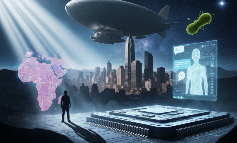 Futuristic scene with airship, city, Africa map, and human figure on a platform.
