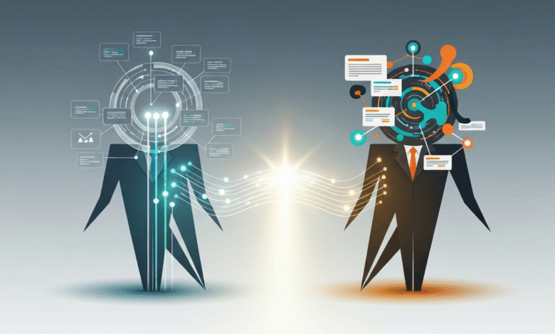 Two stylized figures with data visualizations as heads, connected by light.