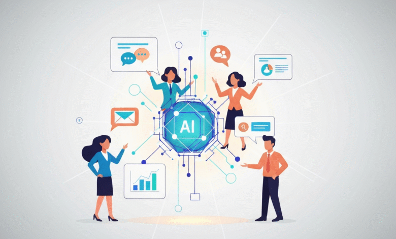 AI concept illustration with people and data visualizations.