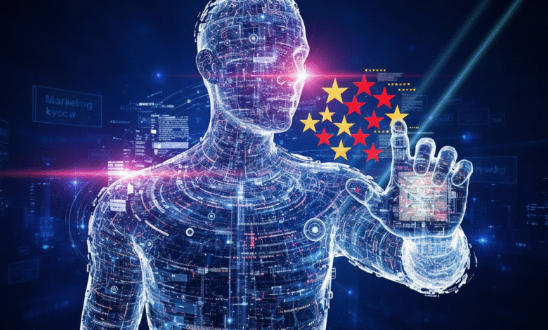 Digital human figure with EU stars, representing AI and European Union.