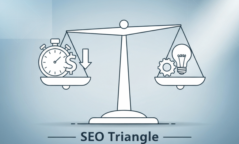 Balance scale showing time/money vs. idea/implementation for SEO.