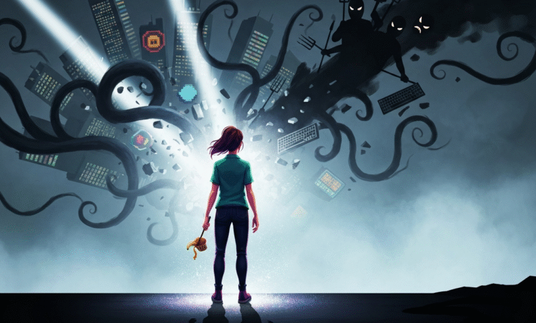 Woman faces a city under attack by shadowy figures and tentacles.