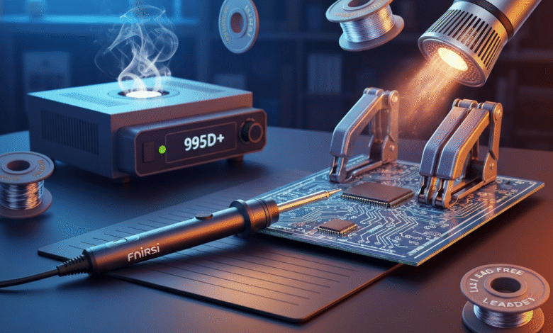 Soldering station with iron, circuit board, solder, and clamps on a dark surface.