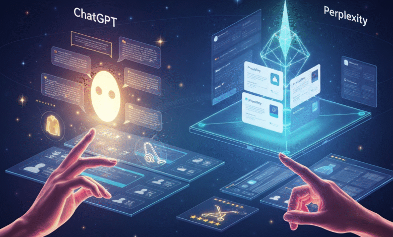 ChatGPT and Perplexity AI interfaces with hands interacting with the data.