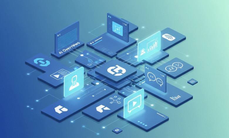 Isometric view of AI icons representing various digital functions.