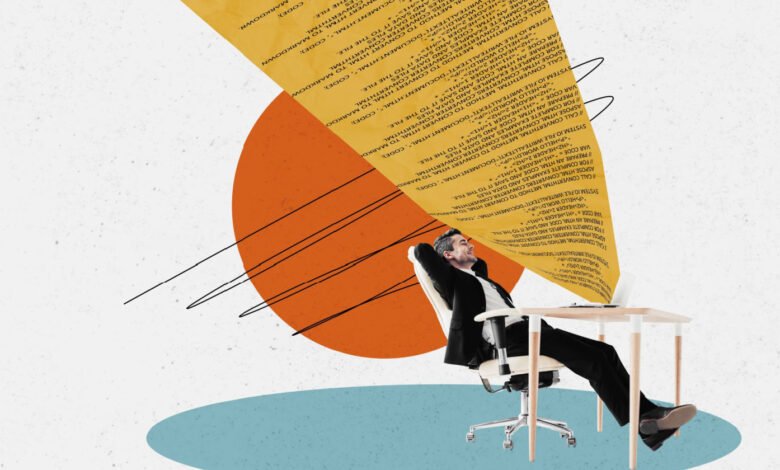 Man in suit relaxing in office chair, looking at laptop with code on screen.