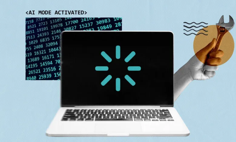 Laptop displaying a loading spinner and code, with a hand holding a wrench.