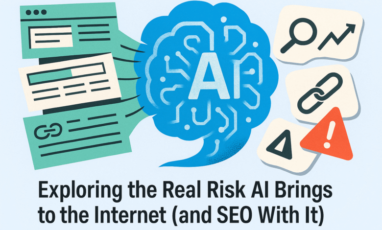 Illustration of AI impacting internet content and SEO with icons for search, links, and warnings.