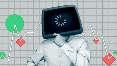 Person with a computer monitor for a head, superimposed on a stock market graph.