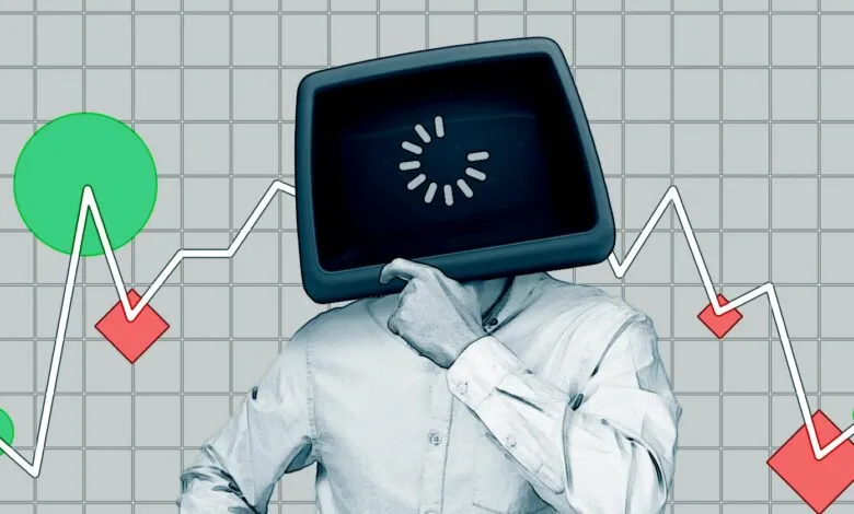 Person with a computer monitor for a head, superimposed on a stock market graph.