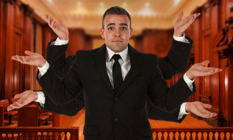 Man in a suit with multiple arms shrugging in a courtroom