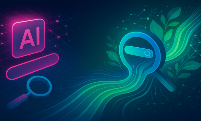 Abstract representation of AI search versus organic search with magnifying glasses and digital networks.