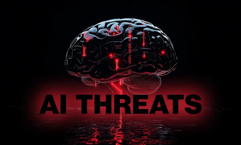 A dark, stylized image of a human brain with glowing red circuits and the words 'AI THREATS' in bold red lettering.