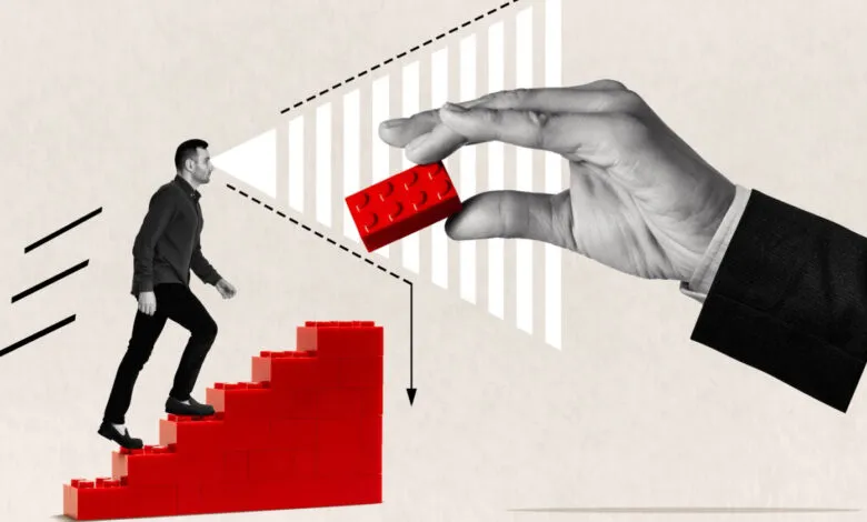 Man climbing red brick stairs as a hand places a brick on top, symbolizing career growth and support.