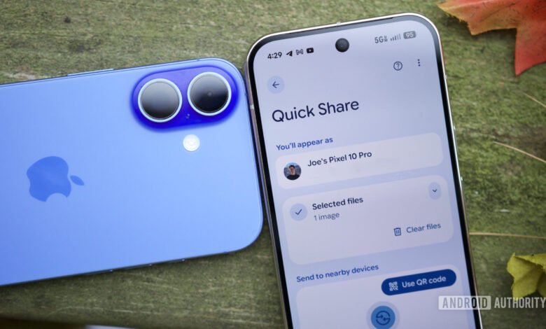 Two phones, an iPhone and a Pixel, showing Quick Share feature for file sharing.