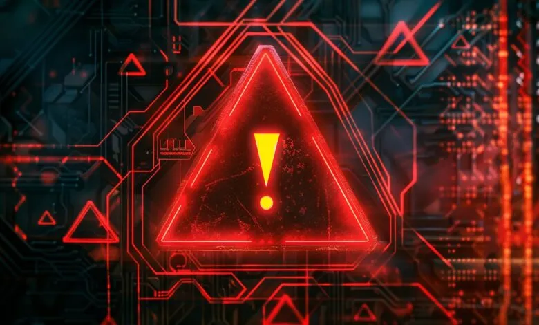 Red warning triangle with exclamation point on circuit board background.
