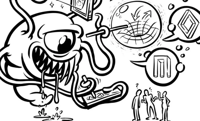 Cartoon monster with one eye and sharp teeth, interacting with abstract concepts.