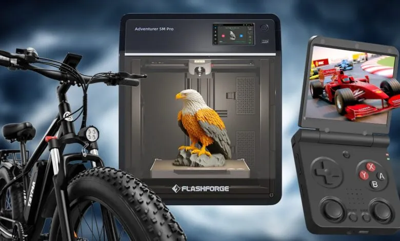 Collage of an electric bike, a 3D printer with an eagle model, and a handheld gaming device.