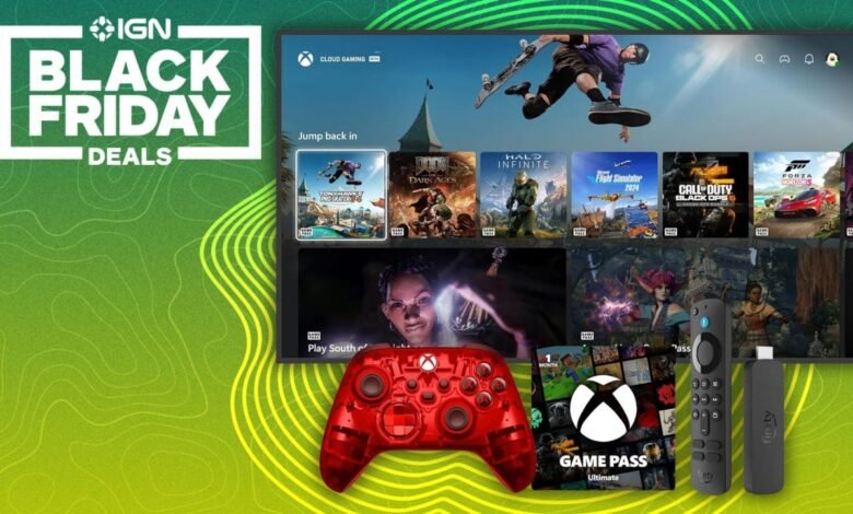 Black Friday deals on Xbox games and accessories displayed on a TV screen.