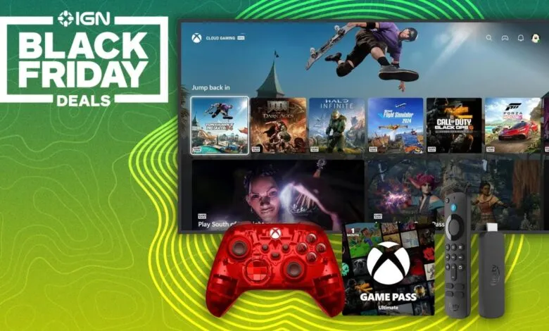 Black Friday deals on Xbox games and accessories displayed on a TV screen.