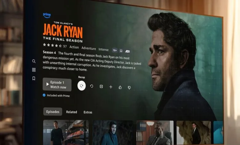 Amazon Prime Video interface showing Tom Clancy's Jack Ryan Season 4 details.