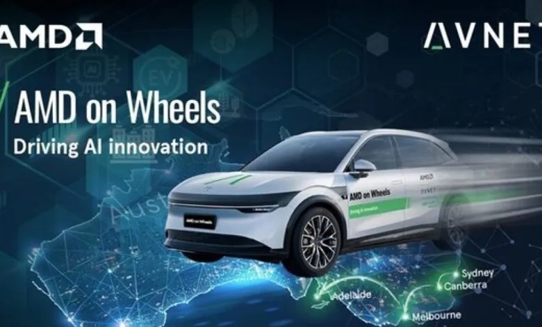 White electric car with AMD and Avnet logos, driving on a digital map of Australia.