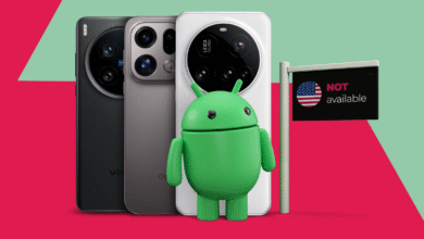 Three high-end Android smartphones with the Android mascot and a 'Not Available' sign.