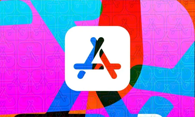 Apple App Store logo on a vibrant, abstract background with repeating app icons.