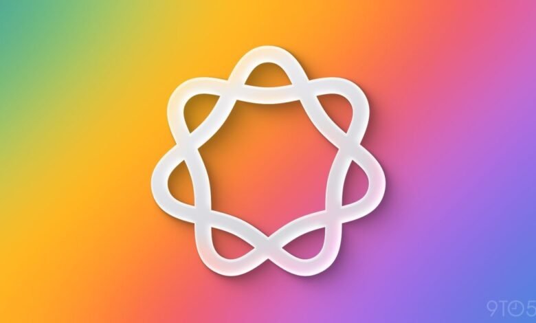 White abstract geometric logo with a rainbow gradient background.