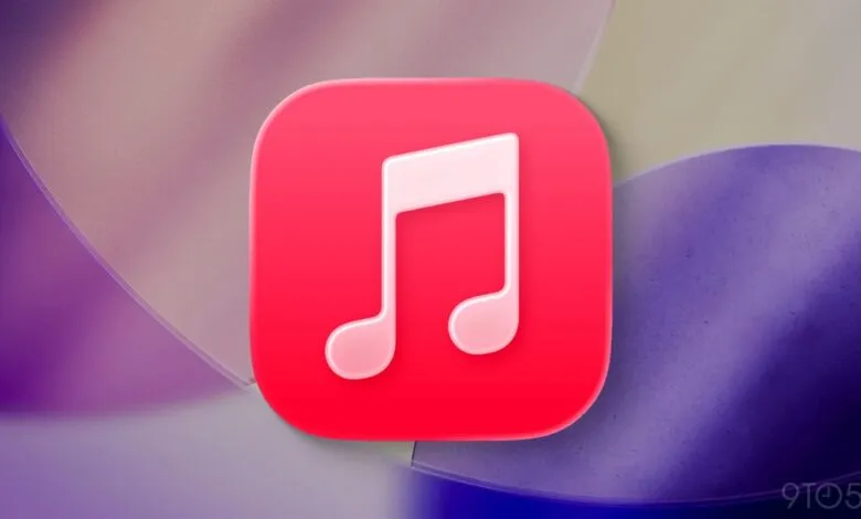 Apple Music app icon with a white musical note on a red background.