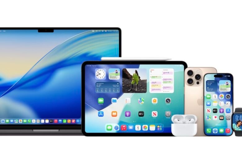 A collection of Apple devices including a MacBook, iPad, iPhone, Apple Watch, and AirPods.