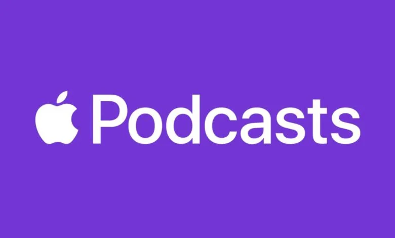 Apple Podcasts logo with white text and apple icon on a purple background.