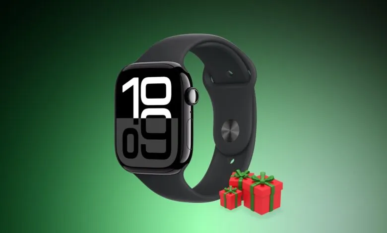 Black Apple Watch with a digital display and three red gift boxes with green ribbons.