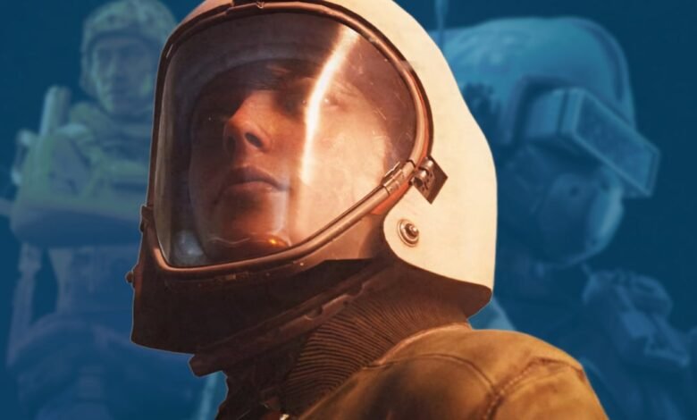 Close-up of an astronaut's face inside a helmet, with blurred figures in the background.