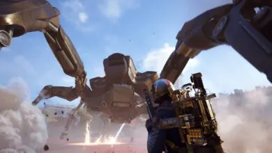 A soldier faces a large, mechanical spider-like enemy in a war-torn landscape.