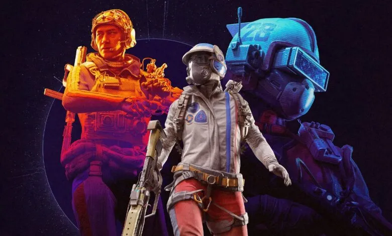 Three futuristic soldiers in tactical gear with helmets and weapons.