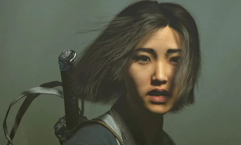 Close-up of a woman with a sword on her back, looking forward.