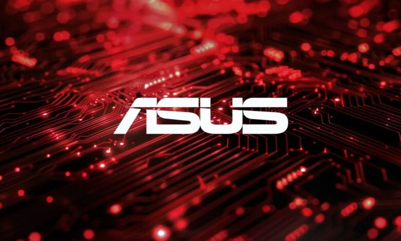 The white ASUS logo is displayed prominently against a dark background with glowing red circuit board patterns.