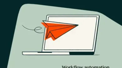 Illustration of an orange paper airplane flying out of a laptop screen.