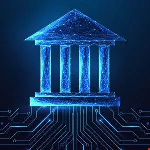 Digital representation of a bank building with glowing blue circuits