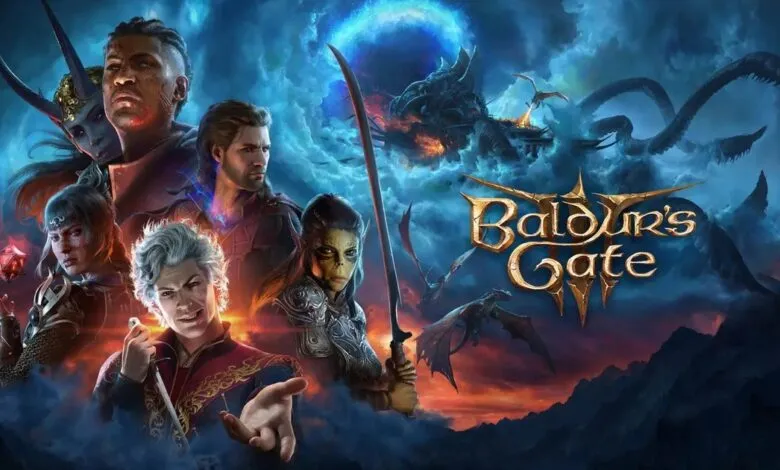 Baldur's Gate 3 promotional art featuring diverse characters and a dramatic, fantasy backdrop.