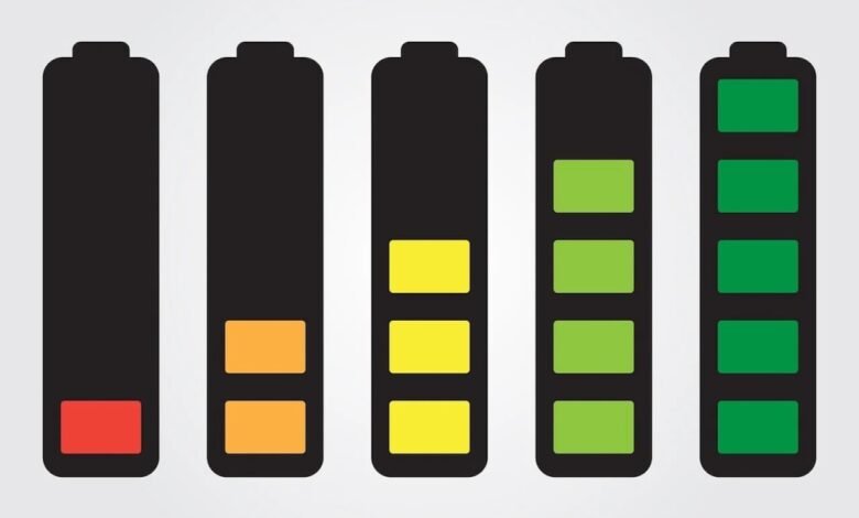 Five battery icons showing charge levels from empty to full.