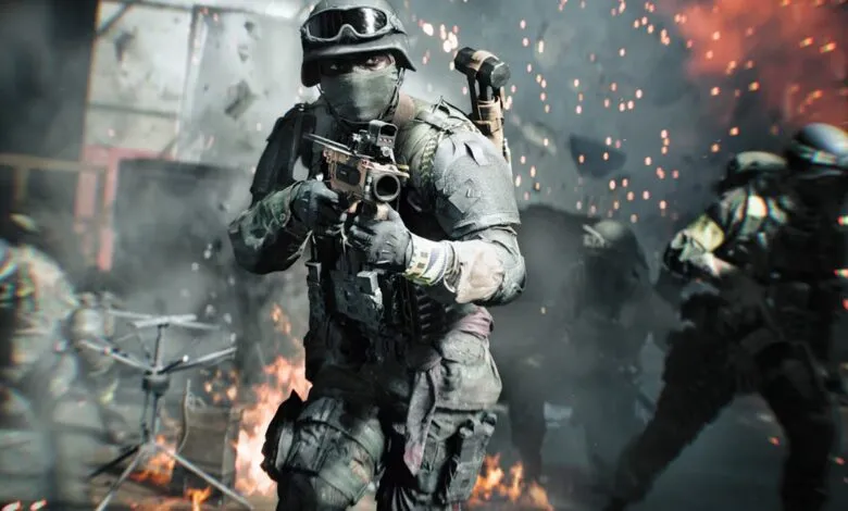 Soldier in tactical gear aiming a rifle amidst explosions and smoke.