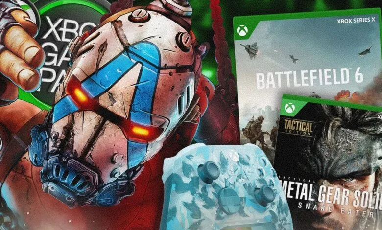 Xbox game promotion featuring robot, controller, Battlefield 6, and Metal Gear Solid.