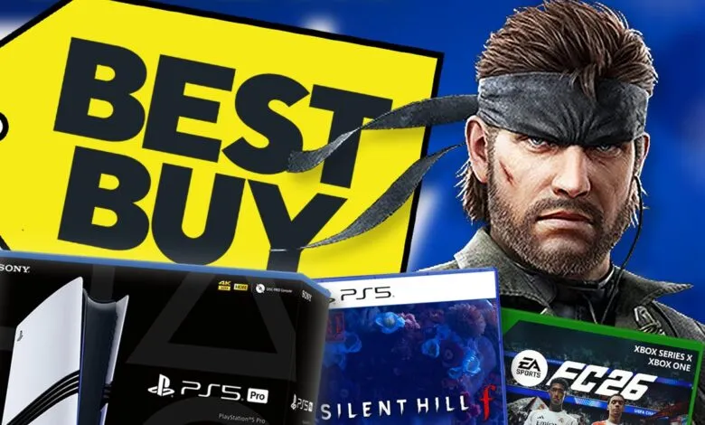 Best Buy logo with PlayStation 5 and video games, featuring Solid Snake
