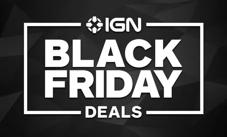 IGN Black Friday Deals graphic with bold white text on a dark, geometric background.