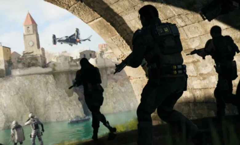 Soldiers in tactical gear advance through a tunnel with a village and aircraft in the background.